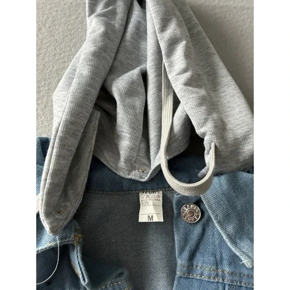 JZNZ Womens Medium Lightwashed Denim Jean Jacket Detachable Hood Distressed Blue - Picture 5 of 7